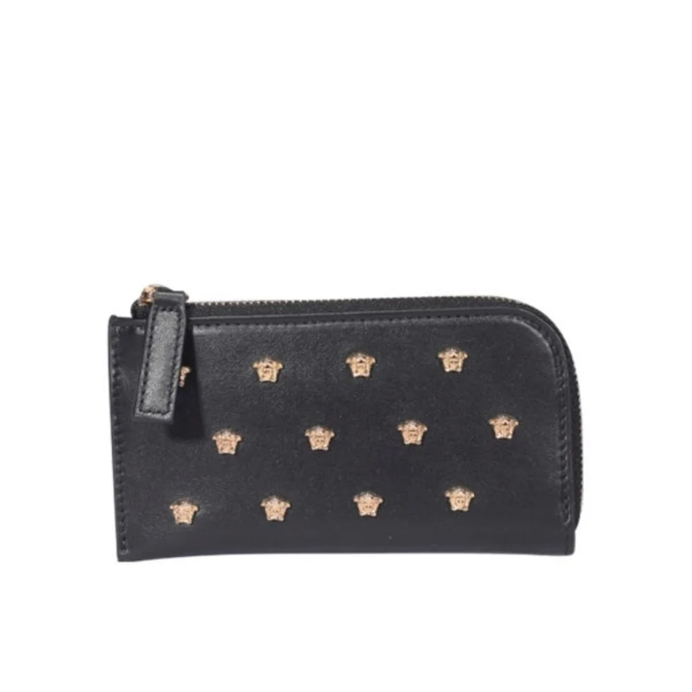 VERSACE Black All Over Medusa Stud Zip Card Holder Wallet